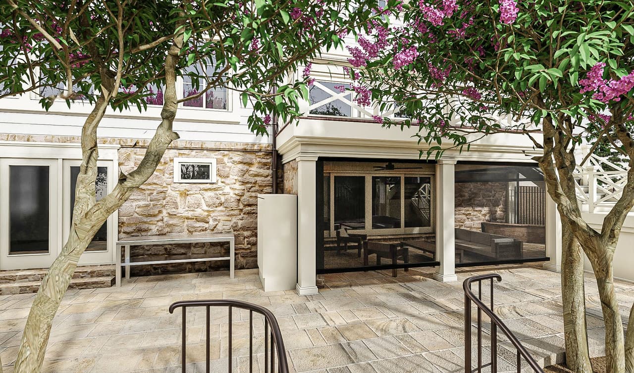 Architectural rendering looking into the covered porch of a Mountainside, NJ home renovation, with columns on a stone base and screens across the opening