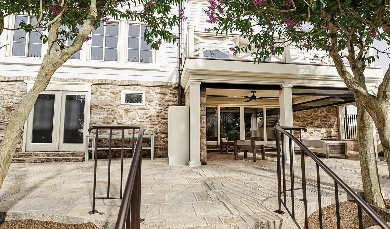 Architectural rendering of the stone terrace and stair at a Mountainside, NJ home renovation, under crepe myrtles beside the covered porch