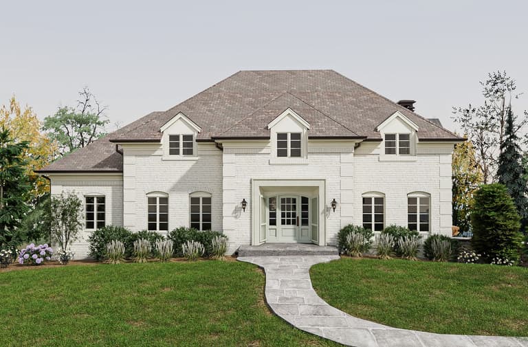 Architectural rendering of the front of a Mountainside, NJ home renovation, with a steep hipped roof, dormers and a curved walk across the lawn