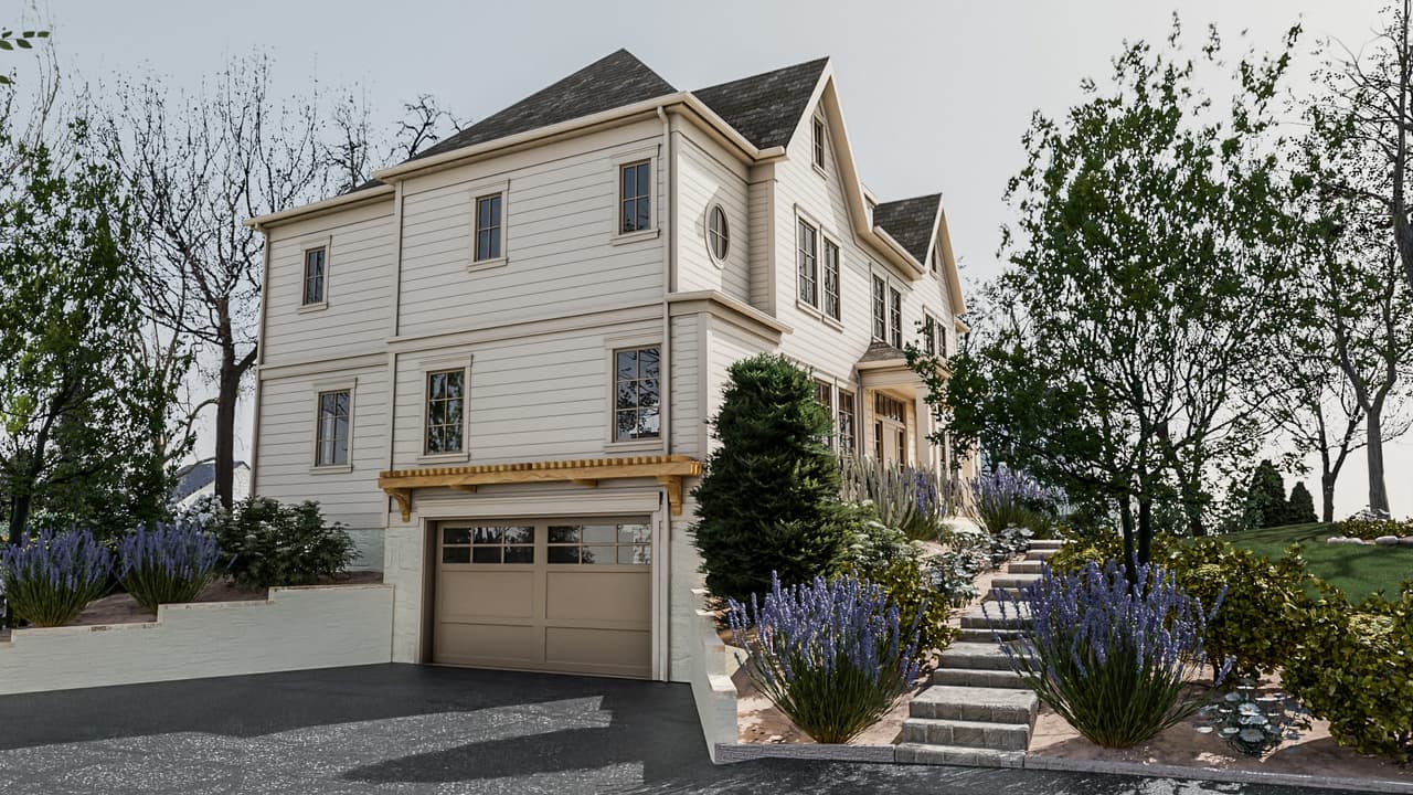 Architectural rendering of the side of a classic neutral home renovation in Westfield, NJ, with cedar architectural elements, a garage under the house and stone steps up to the door