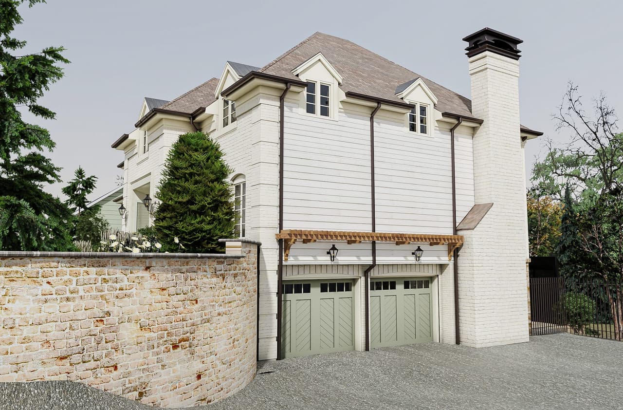 Architectural rendering of a Mountainside, NJ home renovation from the drive, with a cedar trellis over green garage doors, a brick chimney and a curved brick retaining wall