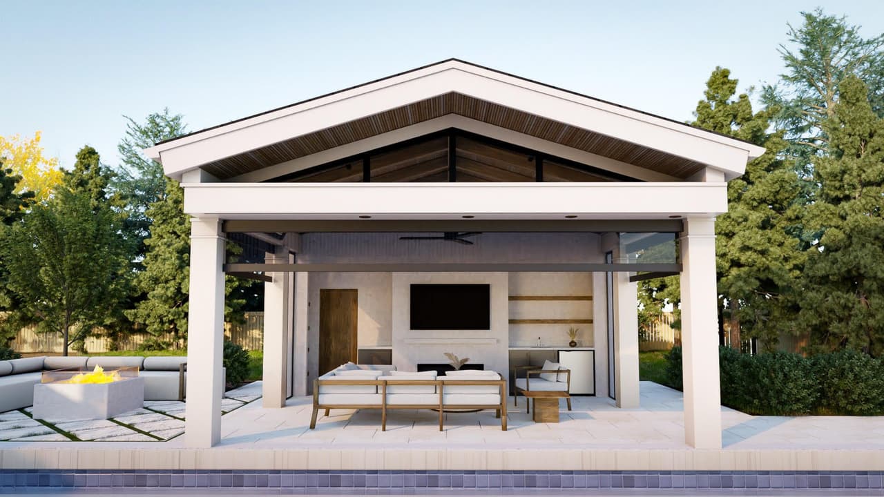 Architectural rendering of a gabled poolhouse pavilion for a Westfield, NJ project, with columned openings, a planked ceiling, a wall-mounted television and a fire pit lounge beyond