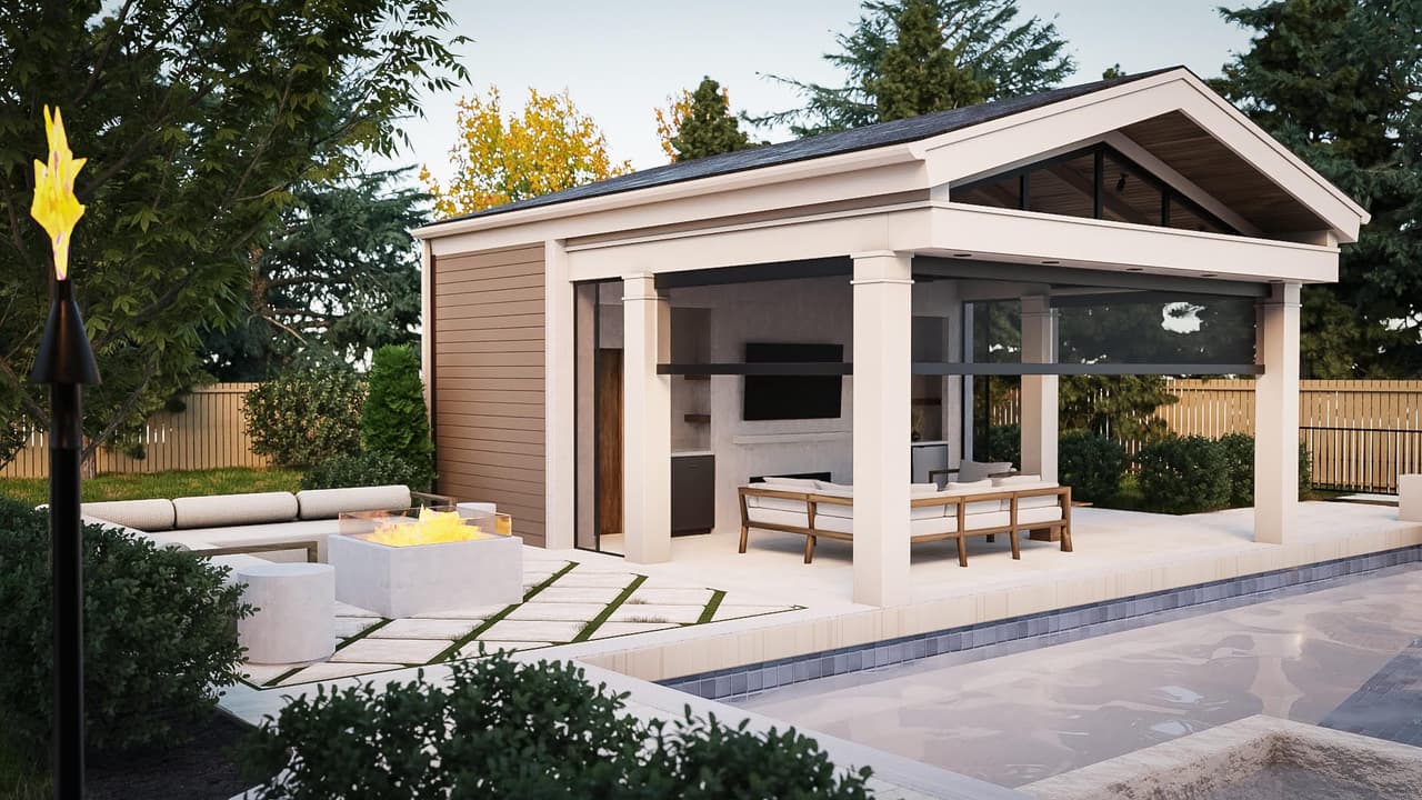 Angled architectural rendering of a columned poolhouse pavilion for a Westfield, NJ project, lit in the evening above the pool terrace