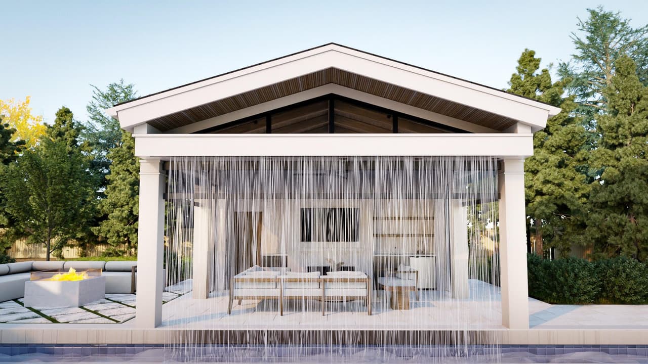 Architectural rendering of a Westfield, NJ poolhouse pavilion with a full-width rain curtain falling from the roof edge to the terrace below