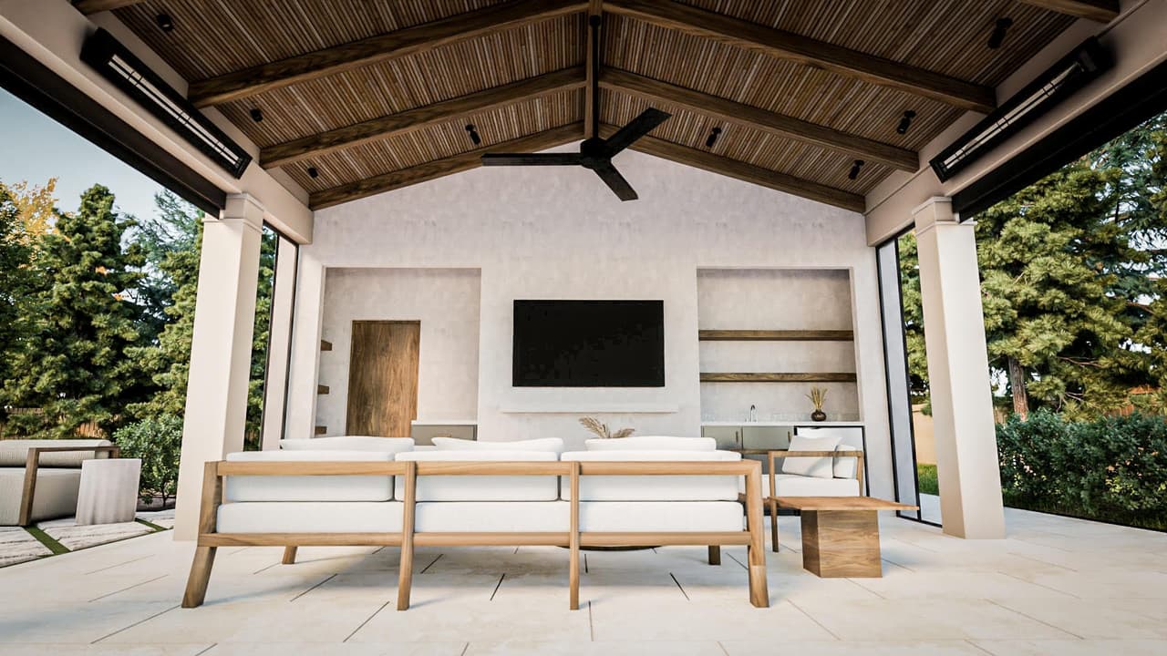 Architectural rendering looking up into a Westfield, NJ poolhouse pavilion, showing the planked ceiling on exposed beams with a ceiling fan and recessed heaters