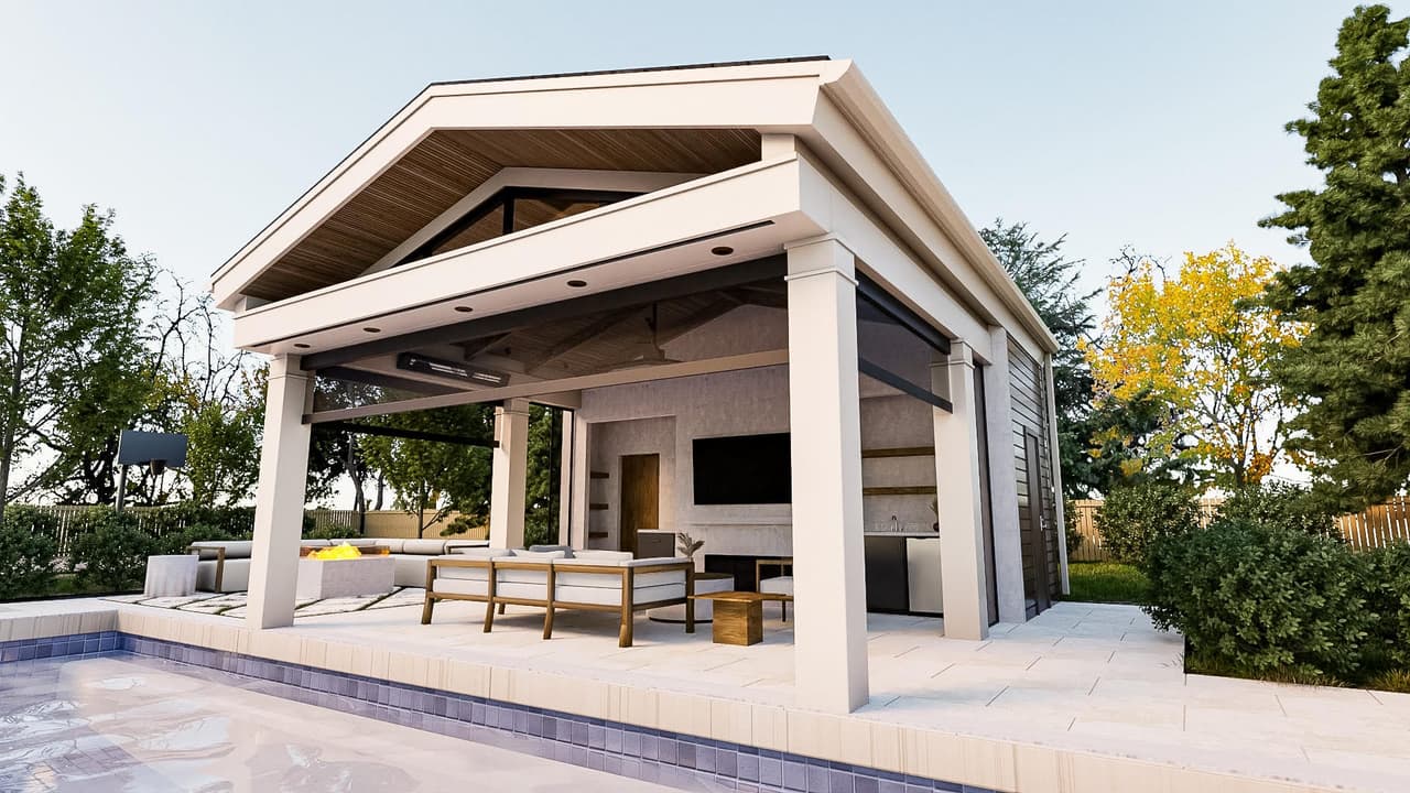 Architectural rendering of a Westfield, NJ poolhouse pavilion seen across the pool, with an open-air lounge under a gabled roof