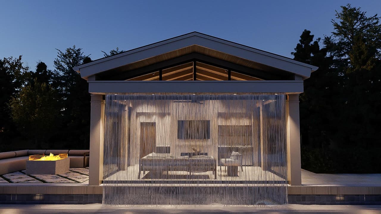 Evening architectural rendering of a Westfield, NJ poolhouse pavilion, lit from within beside a fire pit lounge