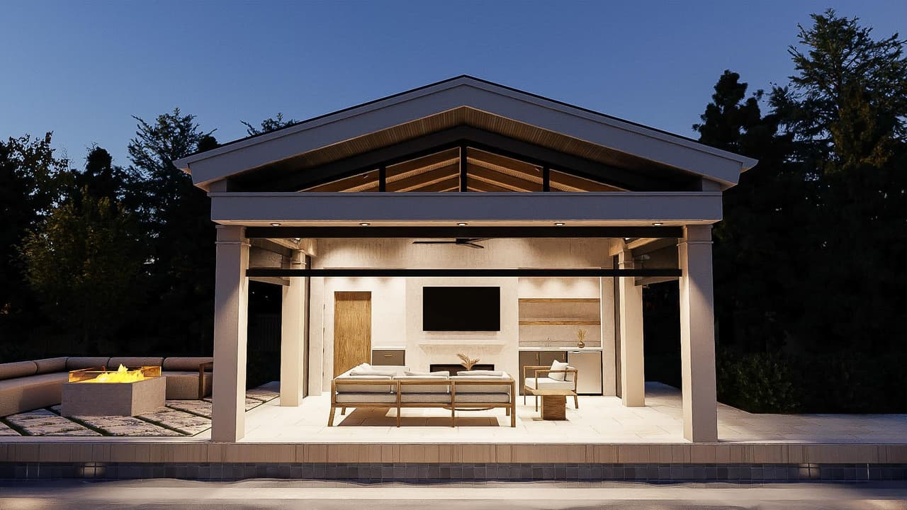 Architectural rendering of a Westfield, NJ poolhouse pavilion with its automatic screens lowered across the columned openings