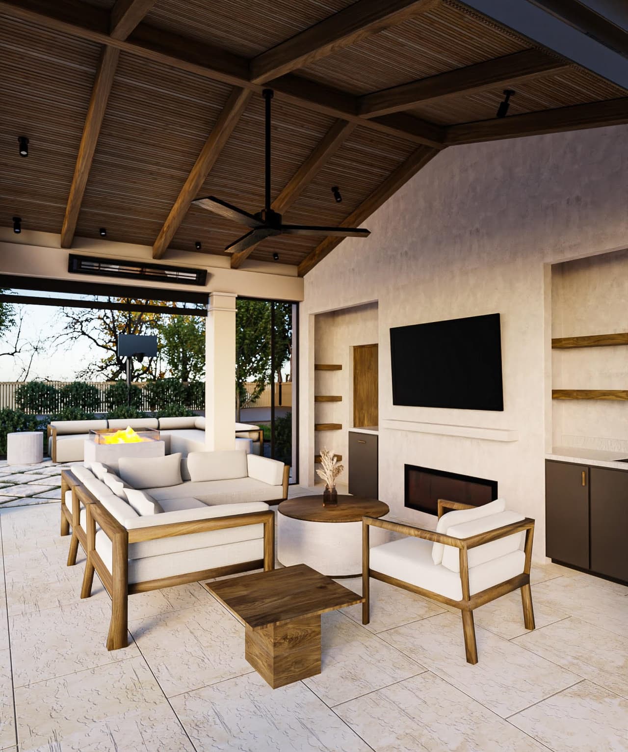 Architectural rendering of the furnishing layout inside a Westfield, NJ poolhouse pavilion, with a sectional and chairs under the planked ceiling facing a wall-mounted television