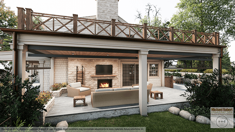Architectural rendering of a covered patio at a Scotch Plains, NJ home, with a stone fireplace, columns on stone piers and a cedar railing along the roof
