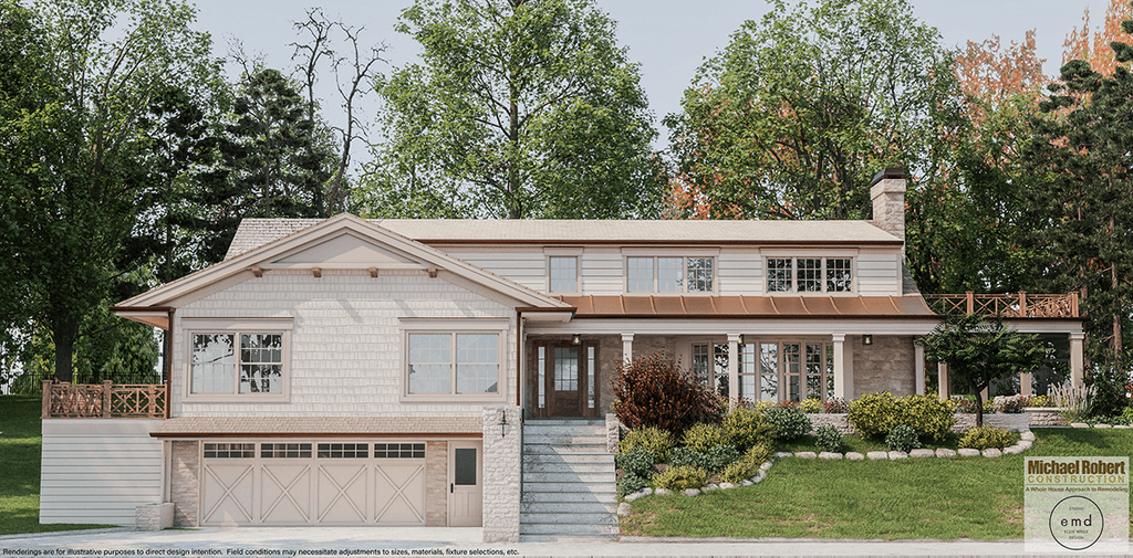 Architectural rendering of a Scotch Plains, NJ exterior renovation in copper, cedar and stone, with a long covered porch across the front and a garage below