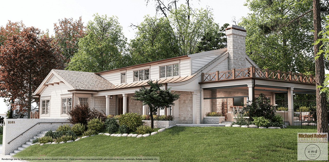 Architectural rendering of a Scotch Plains, NJ front exterior renovation in cedar and stone, with a long covered porch and stone steps up through the planting