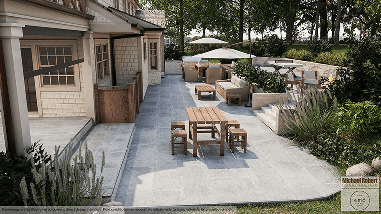 Architectural rendering of a Scotch Plains, NJ patio renovation, with a dining table against the house and lounge seating out under the umbrellas
