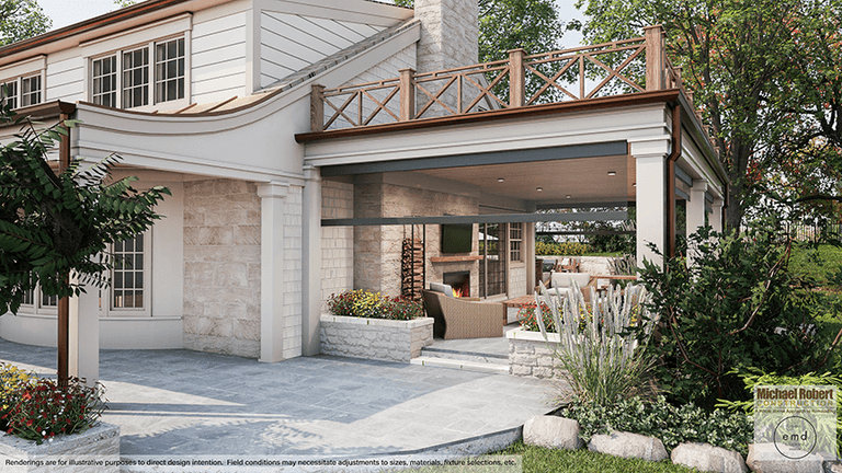 Architectural rendering of a screened patio at a Scotch Plains, NJ home, with a stone fireplace, a cedar railing above and retractable screens across the opening