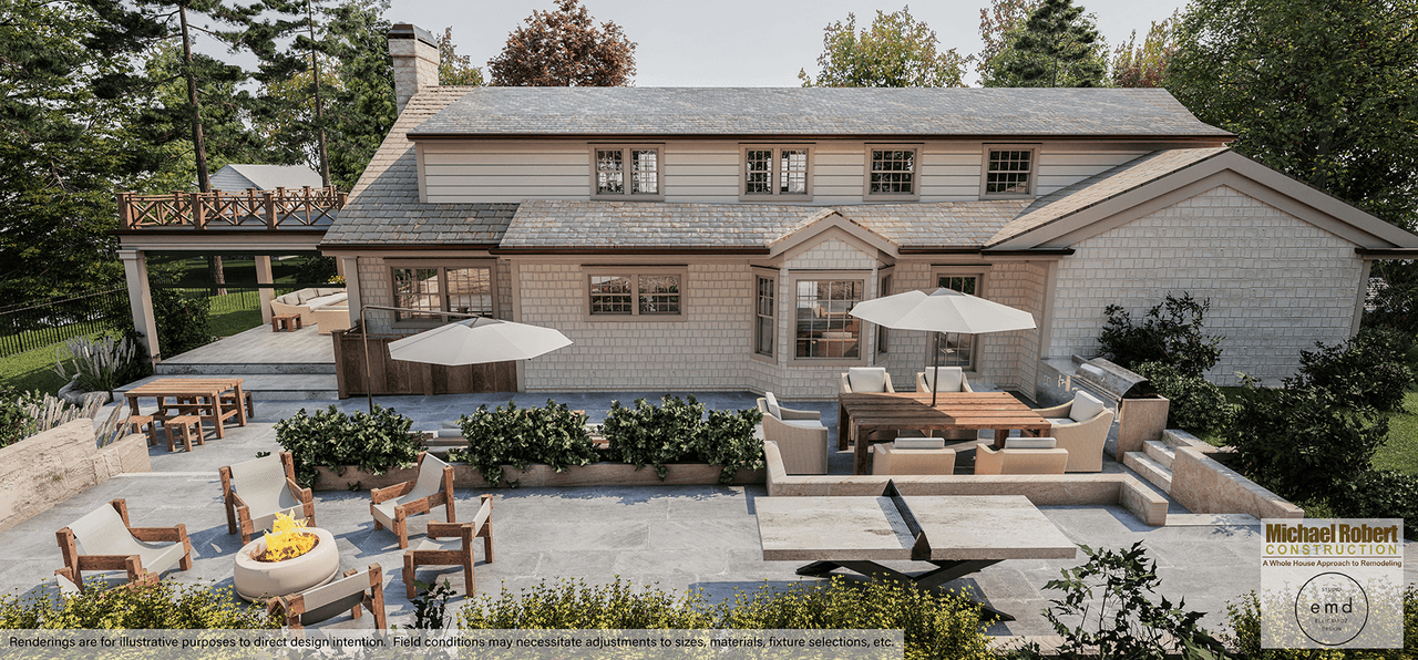 Architectural rendering of a tiered patio at a Scotch Plains, NJ home, with a fire pit on the lower terrace and dining under umbrellas above