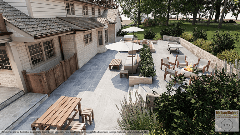 Architectural rendering of a wood and stone patio at a Scotch Plains, NJ renovation, with Adirondack chairs, a bench and a retaining wall along the lawn