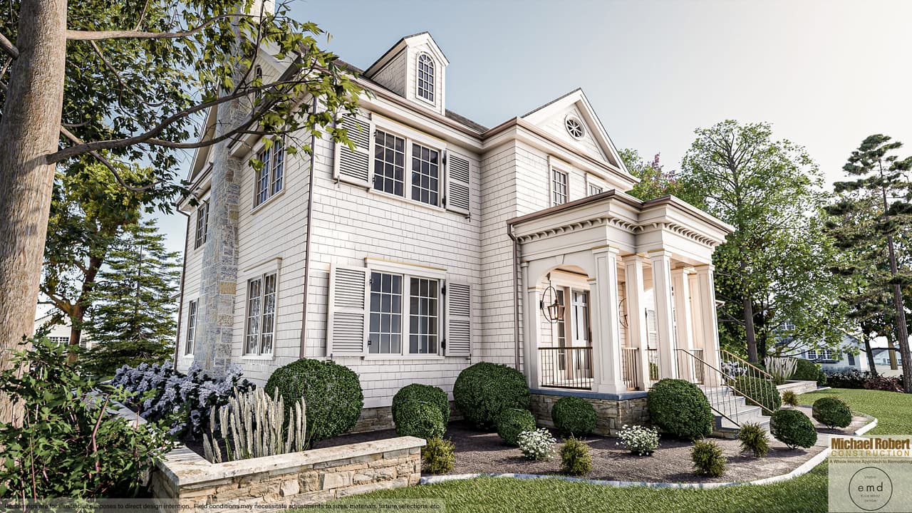 Angled view of a historic home with a columned portico, gabled dormers and clipped boxwood in Westfield, NJ