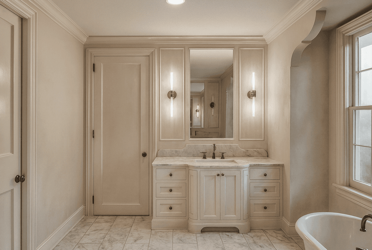 Architectural rendering of a bathroom in a Westfield, NJ home remodel, with a paneled vanity between two sconces, a marble floor and a rolltop tub in the corner