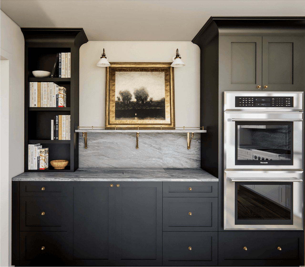 Architectural rendering of black cabinetry in a Scotch Plains, NJ kitchen, with a bookshelf, wall ovens and a picture light over a framed landscape