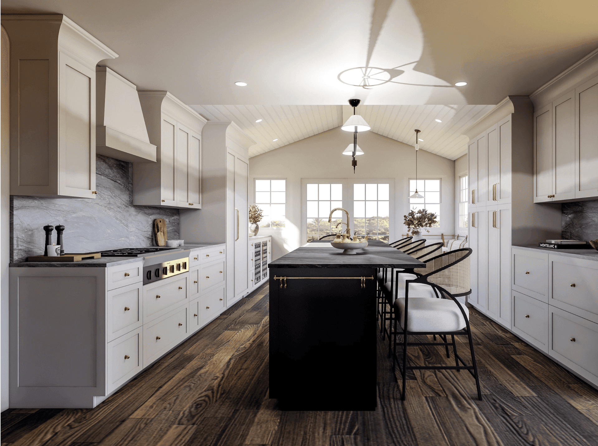 Architectural rendering of a Scotch Plains, NJ kitchen with a black island under a vaulted ceiling, pale custom cabinetry and a paneled hood on the range wall