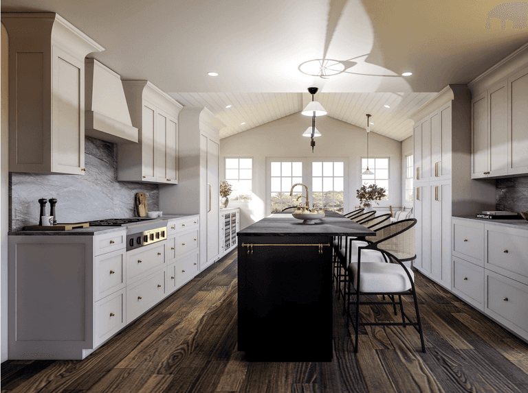 Architectural rendering of a Scotch Plains, NJ kitchen with a black island under a vaulted ceiling, pale custom cabinetry and a paneled hood on the range wall