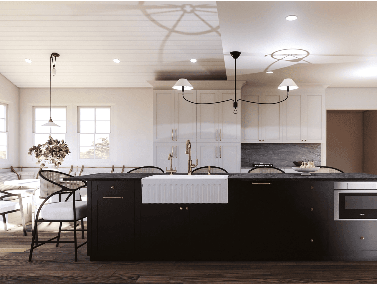 Architectural rendering of a black wood island with a marble top and a fluted apron sink in a Scotch Plains, NJ kitchen