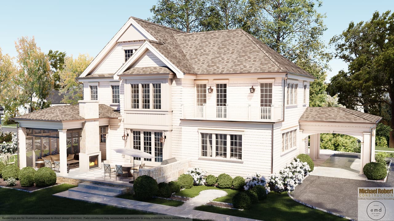 Architectural rendering of a Westfield, NJ home renovation, showing a covered carport and terrace wrapping the side of a white painted-brick house