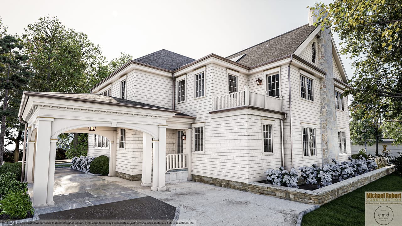 White clapboard home with a covered driveway passage joining the house to the garage, in Westfield, NJ