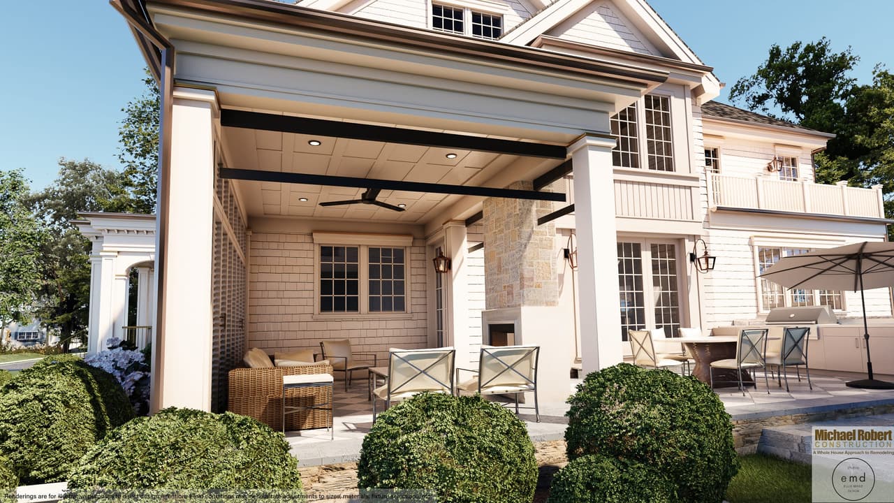 Architectural rendering of a covered patio in stone, cedar and marble at a Westfield, NJ home renovation, with an outdoor kitchen under a planked ceiling