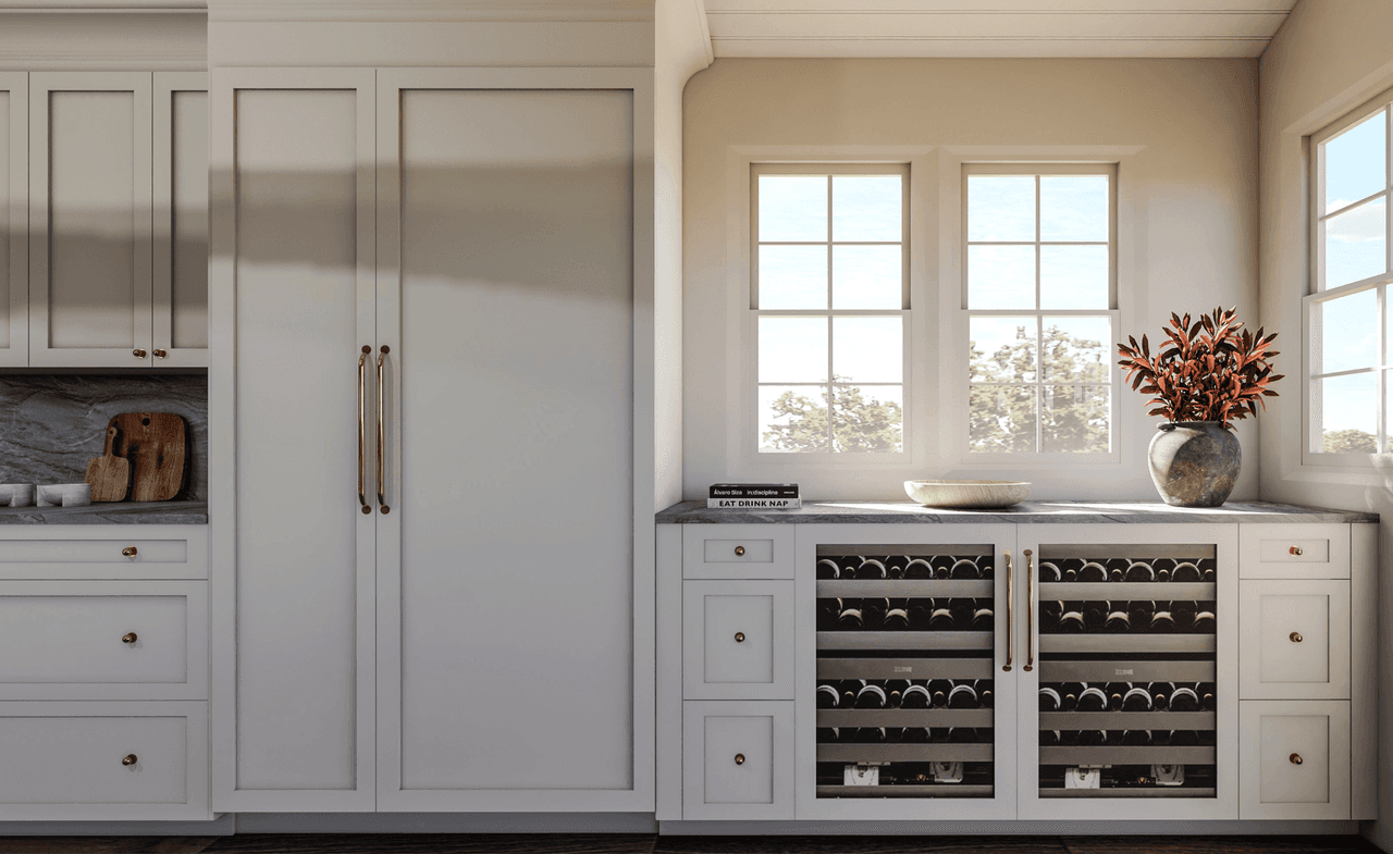 Architectural rendering of a Scotch Plains, NJ kitchen renovation, with paneled full-height cabinetry around the refrigerator and a wine store under the counter