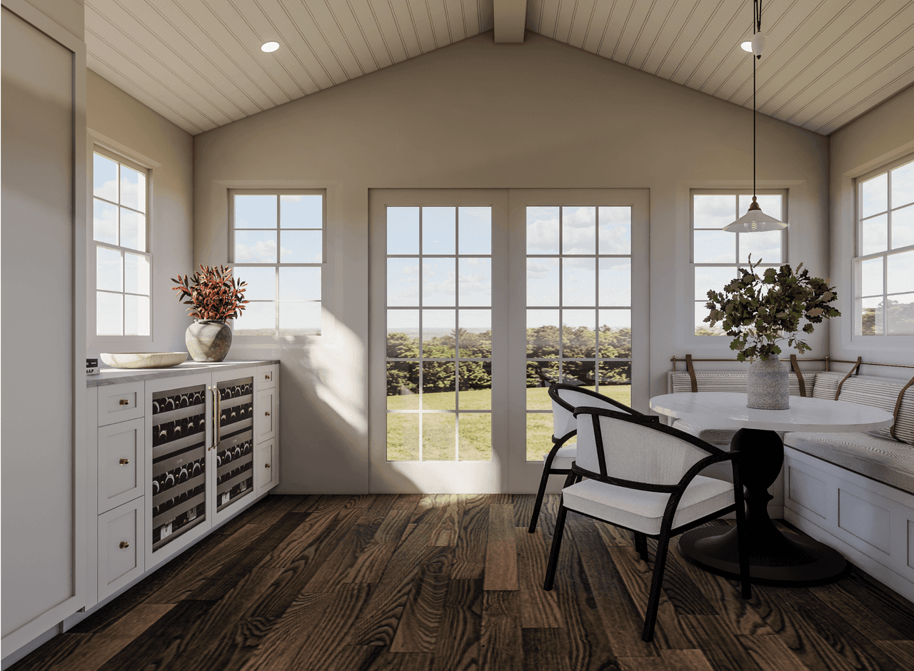 Architectural rendering of an eat-in kitchen in Scotch Plains, NJ under a vaulted ceiling, with wine storage in the base run and glass doors to the garden