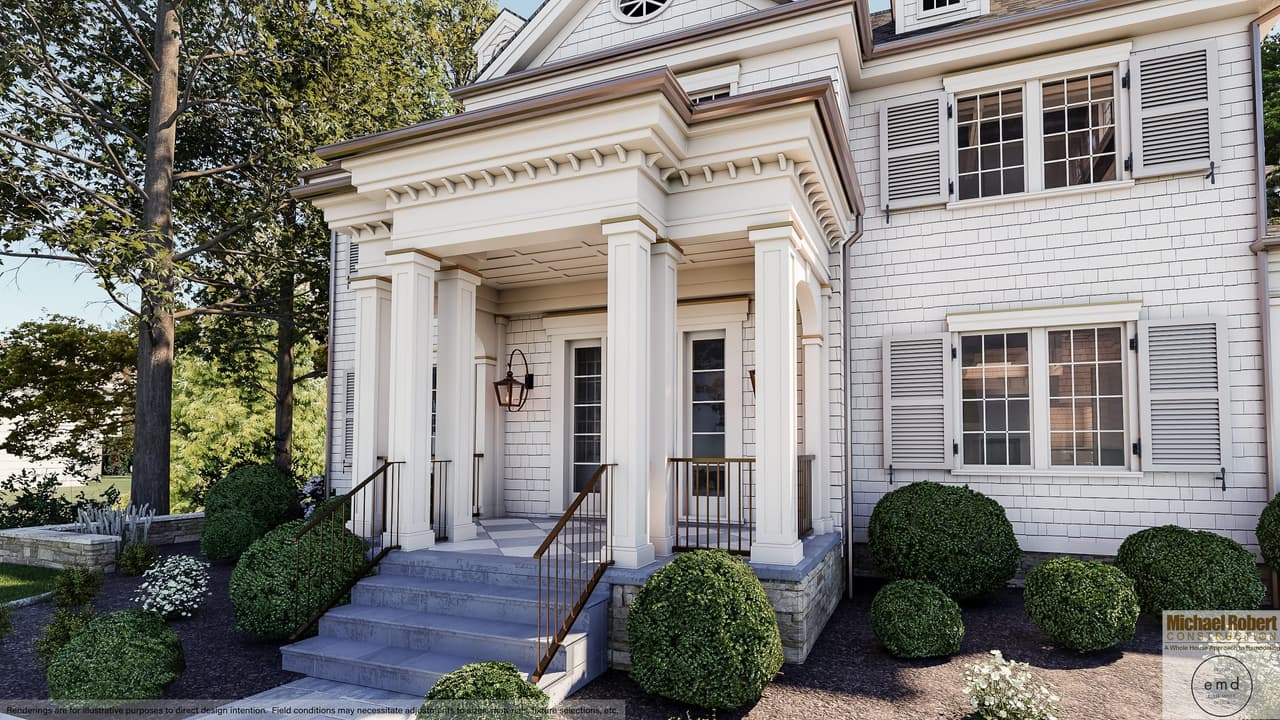 Columned portico and detailed millwork at the entry of a Westfield, NJ home, approached by stone steps between boxwood