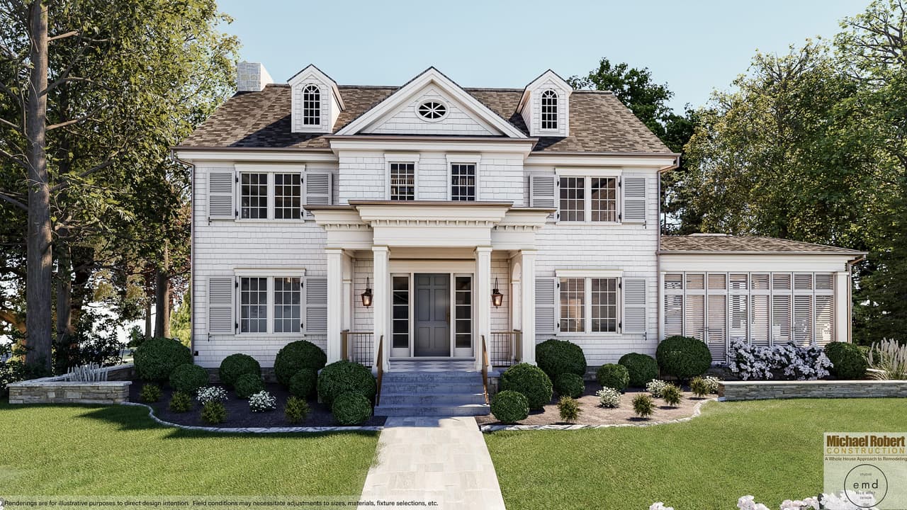 Front elevation of a white historic home with a columned portico, oval attic window and clipped boxwood, in Westfield, NJ
