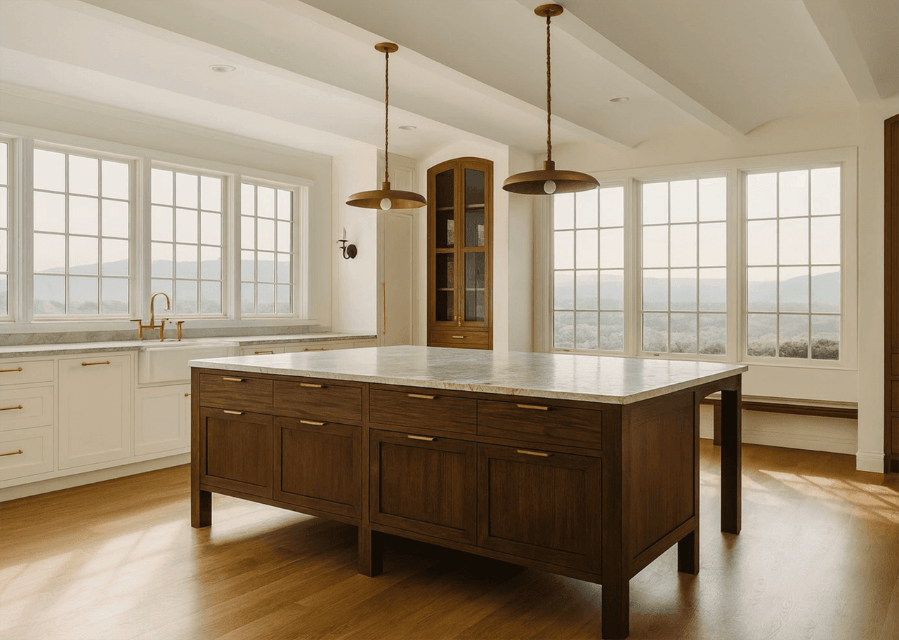Architectural rendering of a Westfield, NJ kitchen remodel with windows on two walls, brass pendants over a dark wood island and cream cabinetry