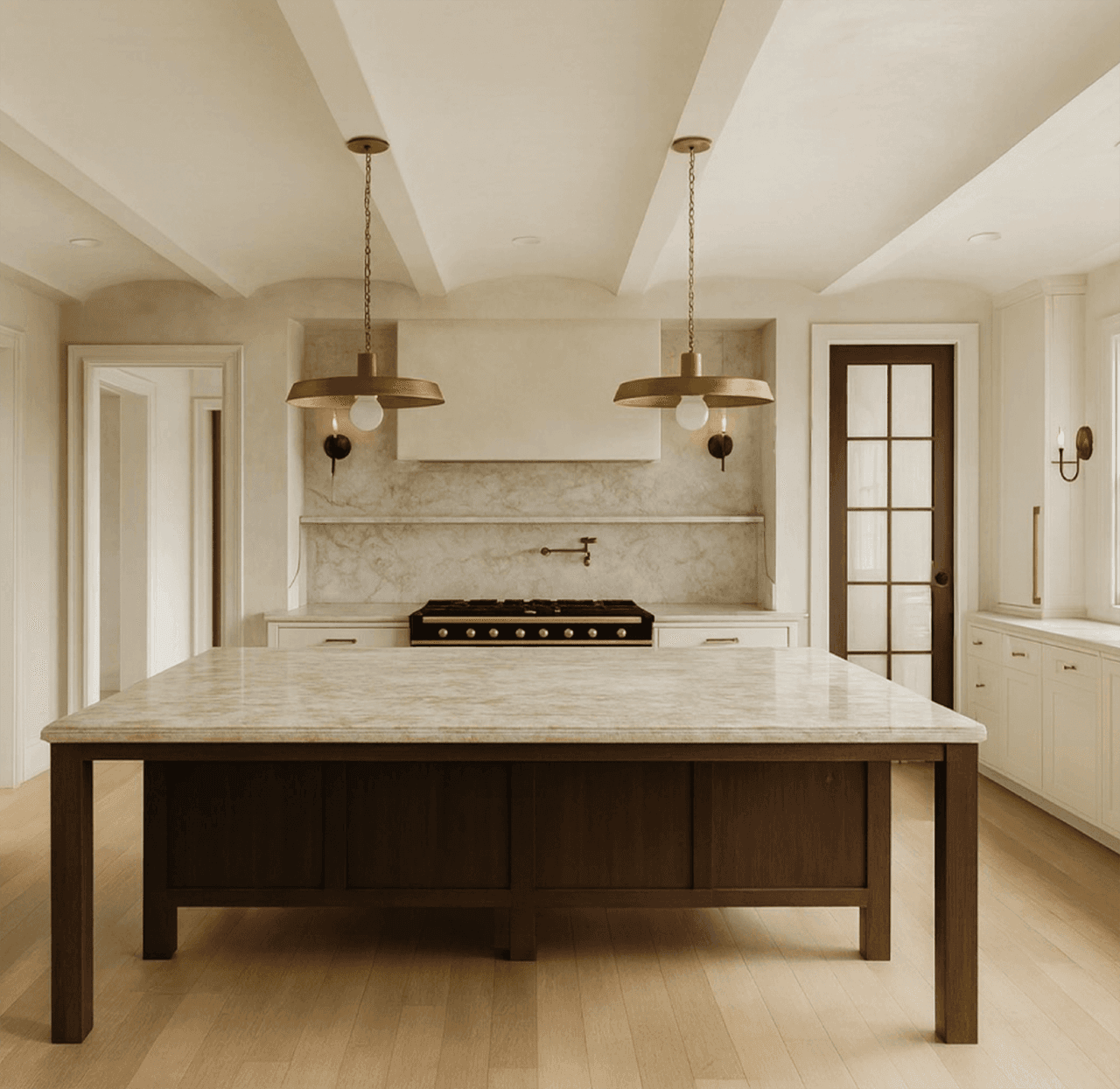 Architectural rendering of a Westfield, NJ kitchen remodel, square to the range wall, with a plaster hood over a marble slab and a dark wood island in front