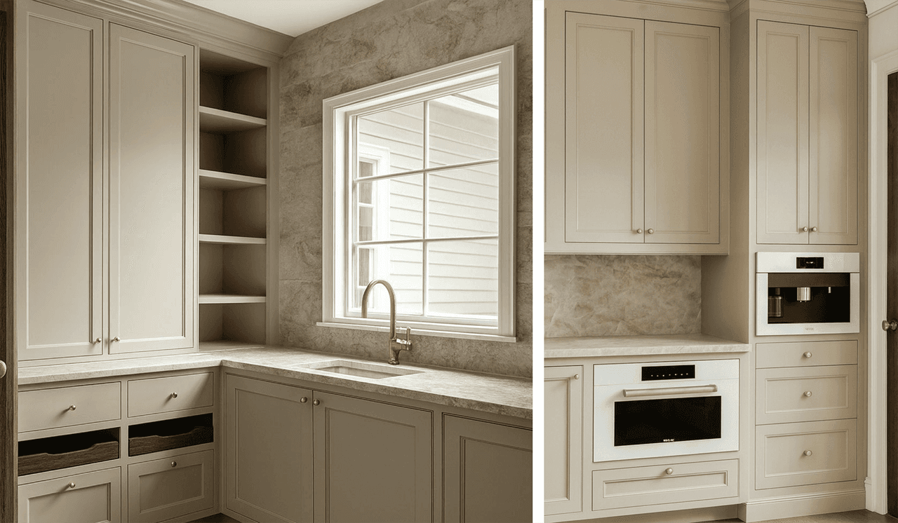Architectural rendering of a pantry in a Westfield, NJ home remodel, with custom cream cabinetry, a marble counter and brass taps over the sink