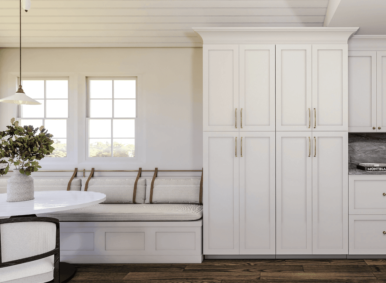 Architectural rendering of banquette seating in a Scotch Plains, NJ kitchen renovation, with a curved upholstered bench and an oval table against tall cupboards