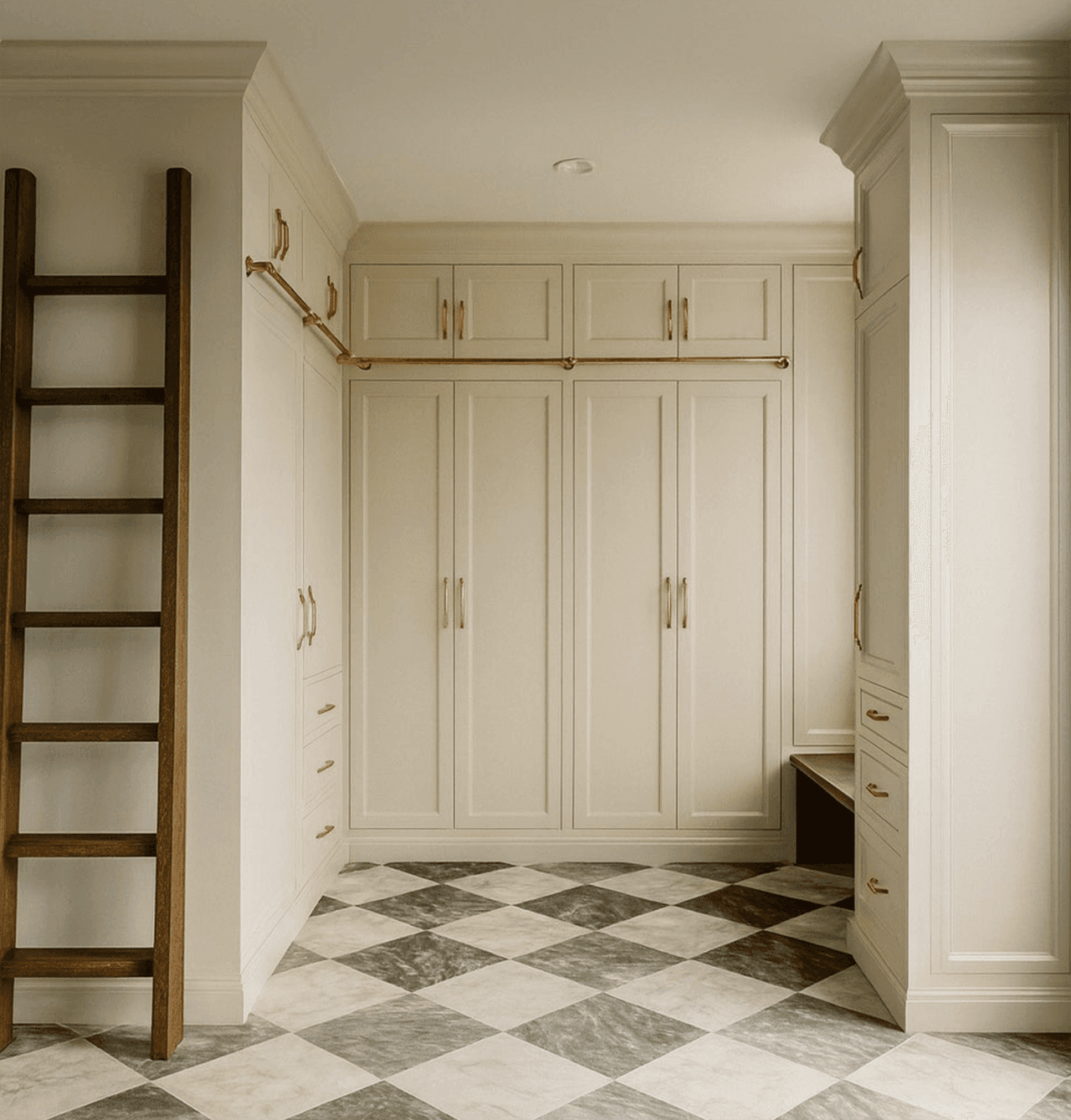Architectural rendering of a Westfield, NJ mudroom with floor-to-ceiling built-ins, a library ladder on a brass rail and a checkerboard stone floor