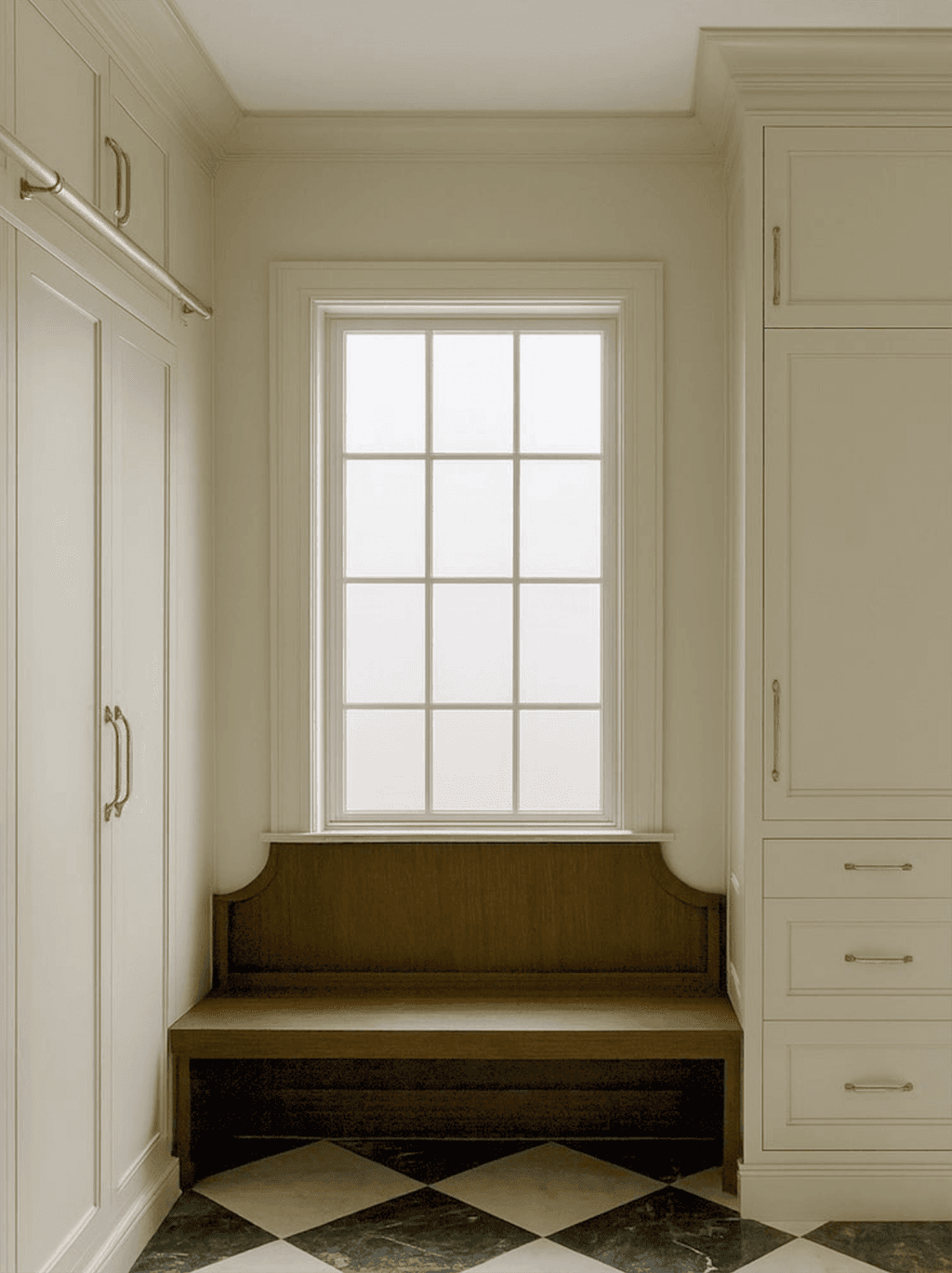 Architectural rendering of a mudroom nook in a Westfield, NJ home remodel, with a wood bench under the window between tall cupboards