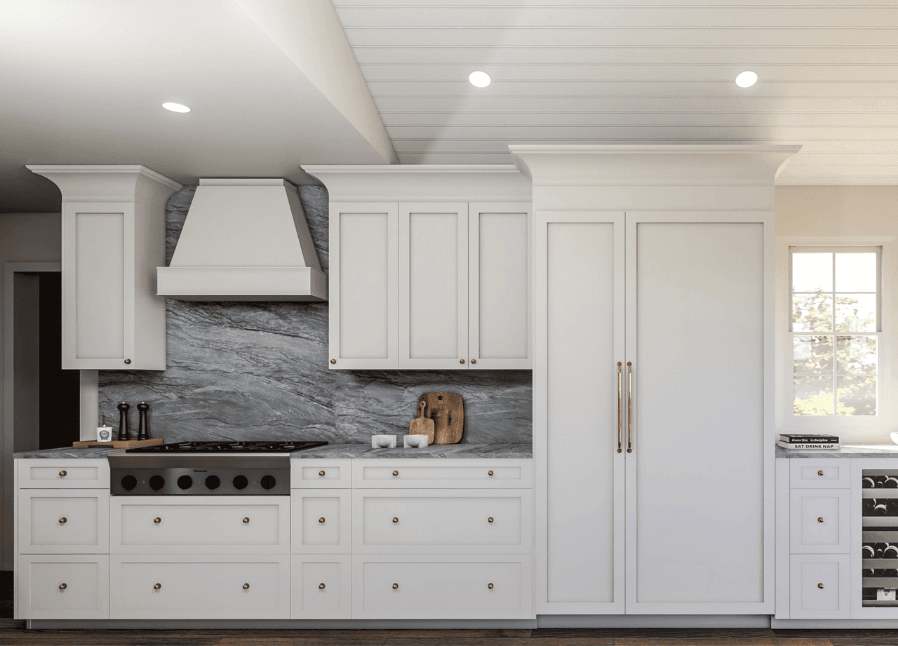 Architectural rendering of a Scotch Plains, NJ kitchen with a paneled hood over the range, a marble backsplash and a planked ceiling above