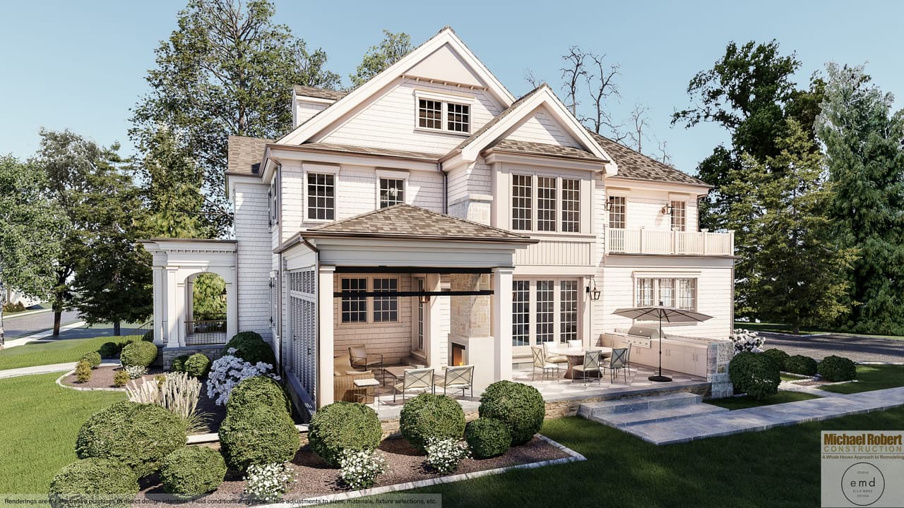 Architectural rendering of an outdoor kitchen and patio at a Westfield, NJ home renovation, with a pergola off the rear wing and clipped boxwood through the beds