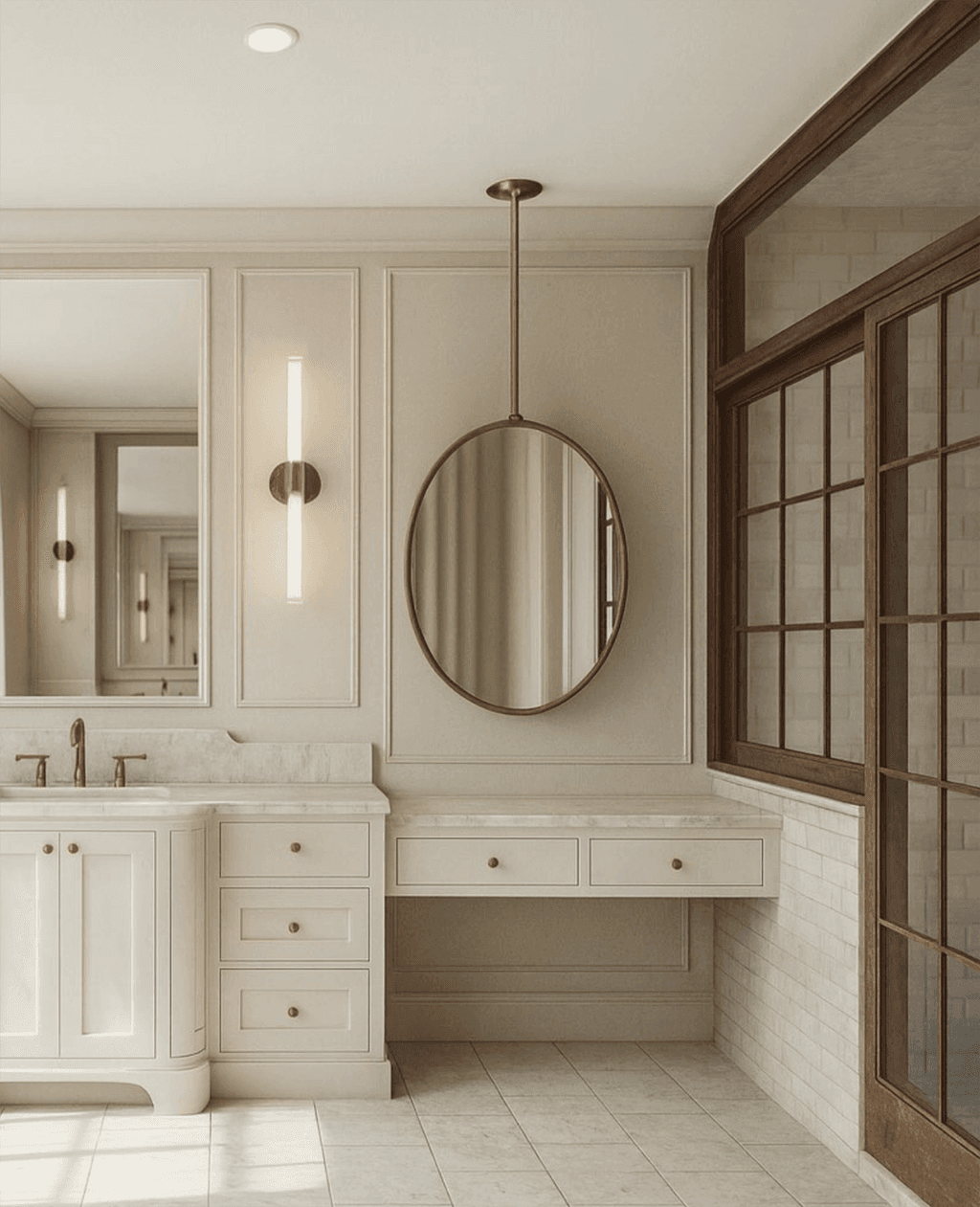 Architectural rendering of a primary bathroom for a Westfield, NJ home renovation, with a round mirror and linear sconce over the vanity beside a glazed partition