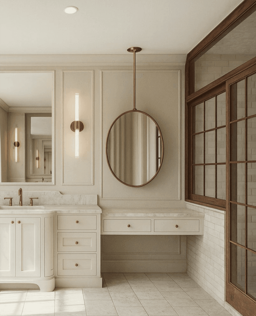 Second architectural rendering of the same Westfield, NJ primary bathroom, taken square to the vanity wall and its paneled cupboards