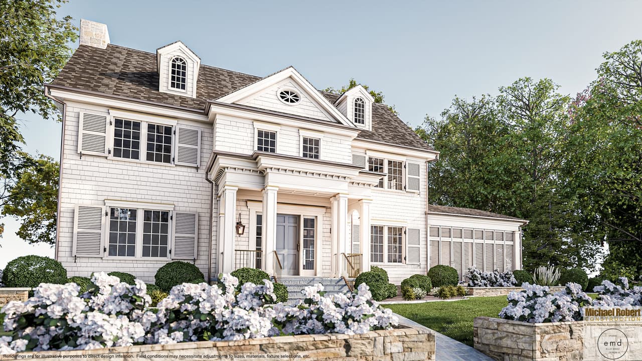 Front of a white historic home renovation in Westfield, NJ, raised above stone retaining walls planted with hydrangeas and clipped boxwood