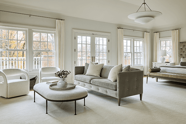 Neutral bedroom in a Summit, NJ renovation, with a sitting area in the bay window, an oval table and a domed ceiling light