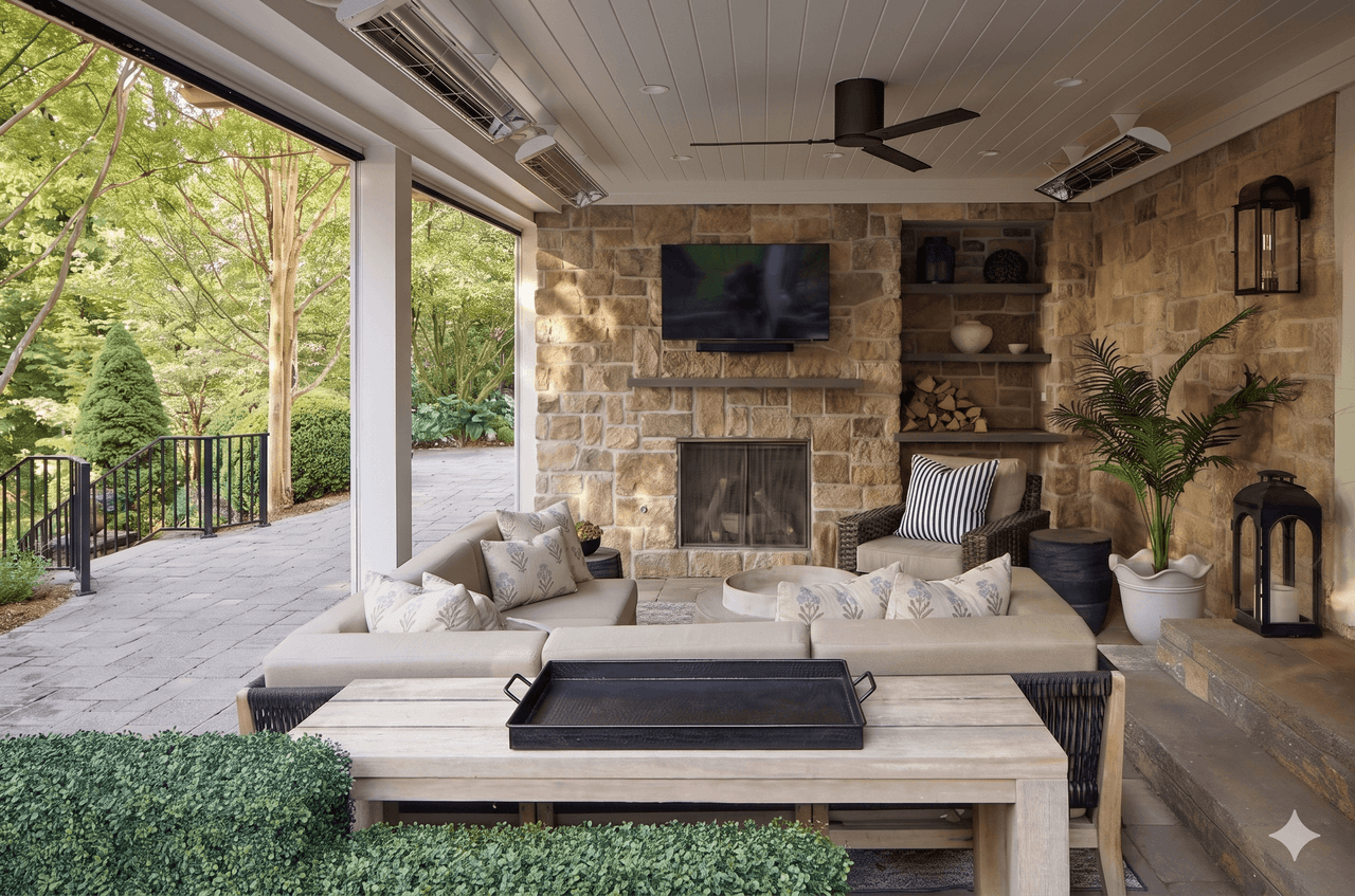 Covered patio at a Mountainside, NJ home renovation, with a stone fireplace wall, overhead heaters, a planked ceiling and a sectional facing the fire