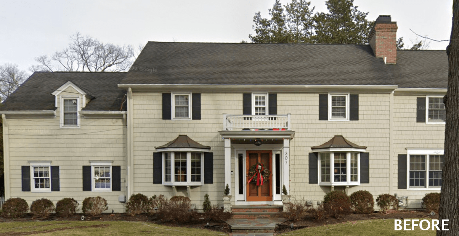 The colonial before renovation, with pale siding, dark shutters and an unadorned entry, in Westfield, NJ