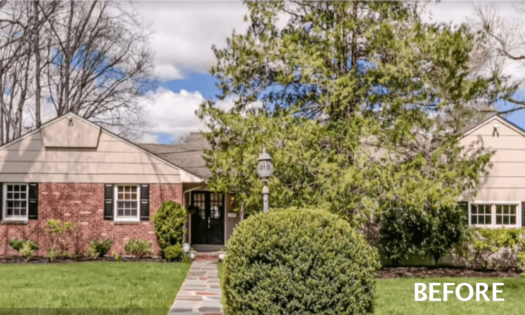 The ranch before the renovation and second-story addition, in brick with a low roofline, in Westfield, NJ