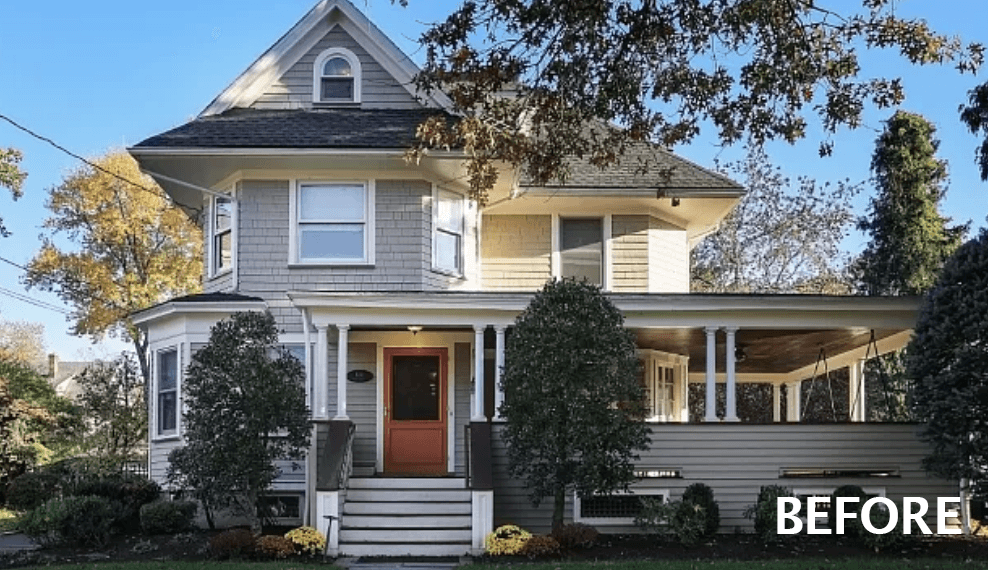 Before photograph of a gray Victorian in Westfield, NJ with a full-width front porch and a dormered third story, labeled Before in the corner