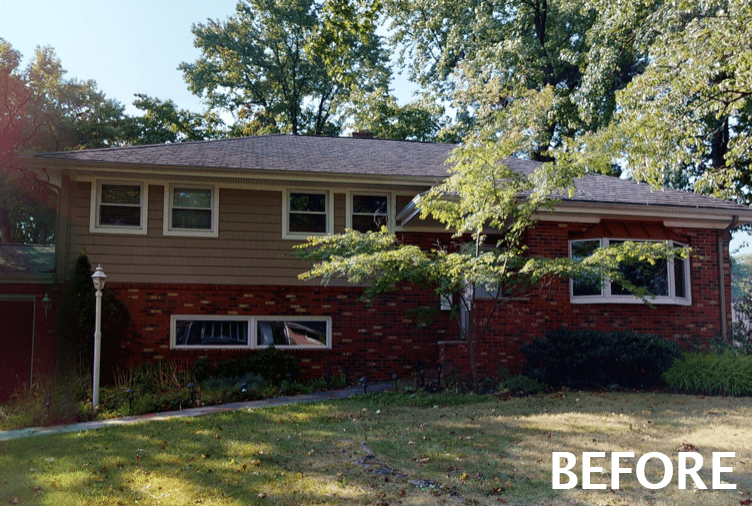 The split-level before renovation and addition, in brick and clapboard under mature trees, in Westfield, NJ